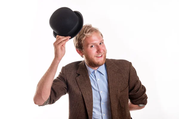 Ντεμοντέ γενειοφόρος άνδρας με καπέλο σφαιριστής βικτοριανό — Φωτογραφία Αρχείου