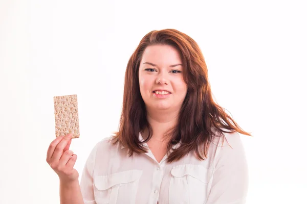Fat girl holding dietary bread — Stock Photo, Image