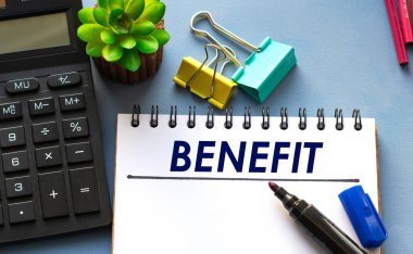 BENEFIT kelimesi bir deftere işaretleyici, hesap makinesi, kıskaç ve kaktüs ile yazılır. İş konsepti