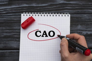 Bir kadının eli beyaz bir çarşafa siyah ahşap arka planda CAO kelimesini yazar. İş konsepti