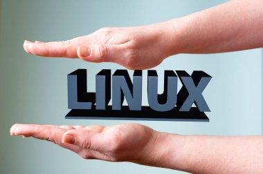 Kadın eli, arka planda LINUX sözcüğünü tutar. Teknoloji konsepti
