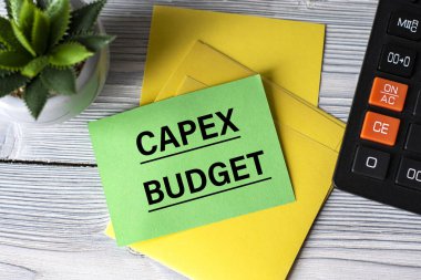 CAPEX bütçe - bir hesap makinesinin arka planındaki yeşil kağıt üzerinde kelimeler, ve bir kaktüs. İş konsepti
