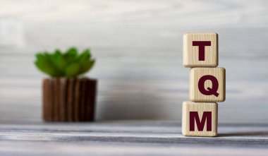 TQM (Total Quality Management) - ahşap küplerin kısaltması ile arka planda güzel boşanmalar ve kaktüslerle birlikte bir ışık panosu. İş konsepti