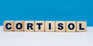 konsept kelime CORTISOL mavi arkaplan küpleri üzerinde. Tıbbi konsept