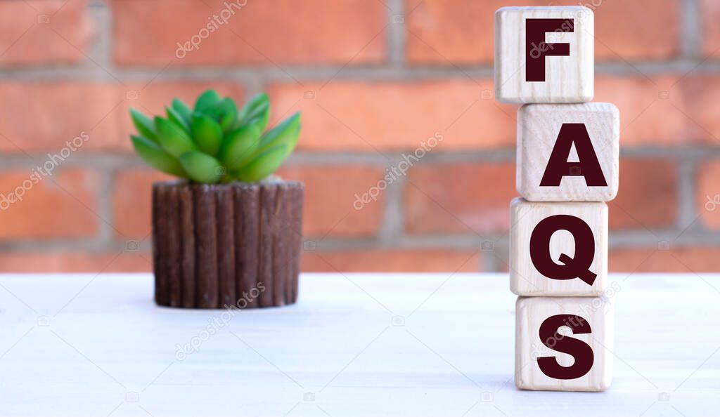 FAQS the word on cubes against the background of a brick wall with a cactus.