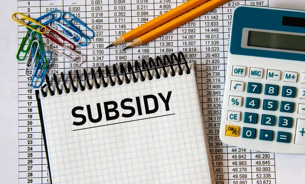 Subsidy Woord Een Notitieboekje Achtergrond Van Een Tabel Met Cijfers — Stockfoto