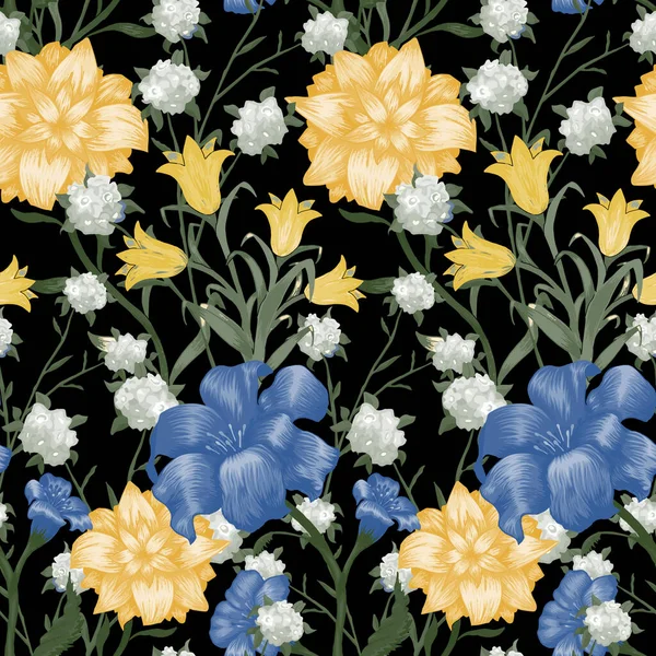 Floral Wallpaper Μεγάλα Λουλούδια Μοτίβο Χωρίς Ραφές Fuchsia Bluebell Και — Διανυσματικό Αρχείο