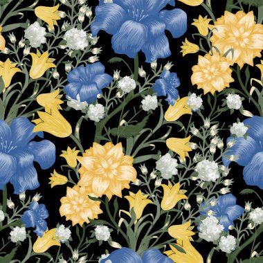 Büyük Çiçekli Çiçek Duvar Kağıdı. Fuchsia, Bluebell ve keten etekli mayo mayo desenli mayo. Modern Düzen. Renkli uyum. Vektör Kusursuz Çiçekler.