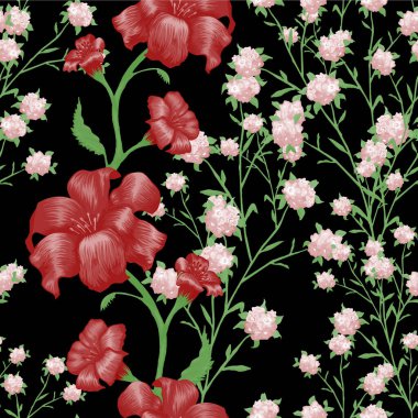 Büyük Çiçekli Çiçek Duvar Kağıdı. Fuchsia, Bluebell ve tekstil keten duvar kağıdı için nilüfer desenli kusursuz desen. Vektör Kusursuz Çiçekler. Renkli uyum. Modern Desen.