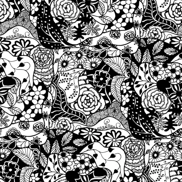 ゼンタングル フラワーズ シームレスなパターン 布のための繊細なレポート リネン チンツ 田舎風の夏の花を持つシンプルな落書き 春小花の背景 — ストックベクタ