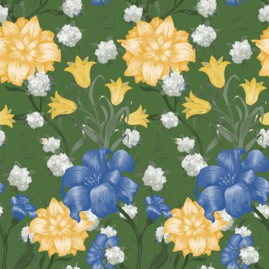 Büyük Çiçekli Çiçek Duvar Kağıdı. Fuchsia, Bluebell ve mayıs zambağı ile kusursuz desenli mayo bez masa örtüsü. Retro Desen. Renkli uyum. Vektör Kusursuz Çiçekler.