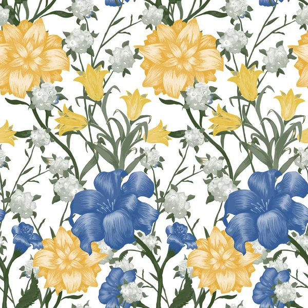 Květinová Tapeta Velkými Květinami Bezešvý Vzor Fuchsií Bluebellem Květinovou Lilií — Stockový vektor
