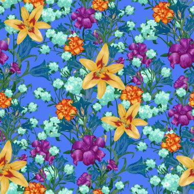 Büyük Çiçekli Çiçek Duvar Kağıdı. Lily, Bluebell ve mayıs zambaklı Perde Yüzme Tekstili ile kusursuz desen. Modern Düzen. Renkli uyum. Vektör Kusursuz Çiçekler.