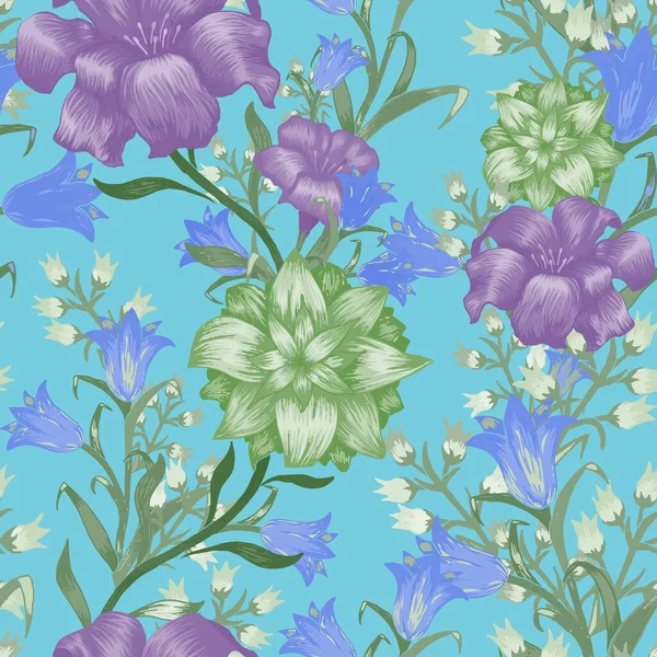 Цветочные Обои Большими Цветами Бесшовный Узор Fuchsia Bluebell May Lily — стоковый вектор