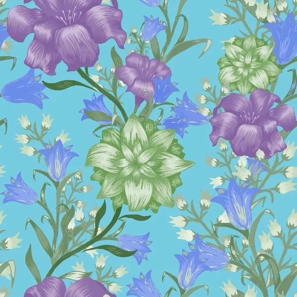 Floral Wallpaper Μεγάλα Λουλούδια Απρόσκοπτη Μοτίβο Fuchsia Bluebell Και Τον — Διανυσματικό Αρχείο