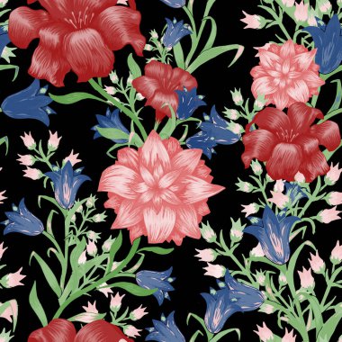 Büyük Çiçekli Çiçek Duvar Kağıdı. Fuchsia, Bluebell ve bluz eteği için zambak desenli kusursuz desen. Modern Düzen. Vektör Kusursuz Çiçekler. Renkli Uyum.