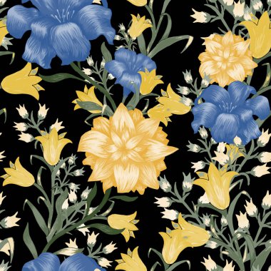 Büyük Çiçekli Çiçek Duvar Kağıdı. Fuchsia 'lı kusursuz desen, Etek Kumaşı Tekstili için Bluebell ve Mayıs-zambağı. Vektör Kusursuz Çiçekler. Klasik Şablon. Renkli Uyum.