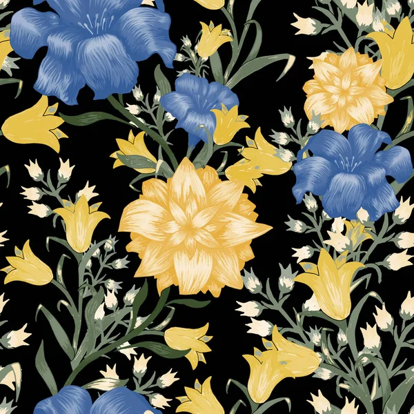 Büyük Çiçekli Çiçek Duvar Kağıdı. Fuchsia 'lı kusursuz desen, Etek Kumaşı Tekstili için Bluebell ve Mayıs-zambağı. Vektör Kusursuz Çiçekler. Klasik Şablon. Renkli Uyum.