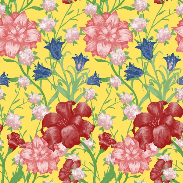 Floral Wallpaper Μεγάλα Λουλούδια Απρόσκοπτη Μοτίβο Fuchsia Bluebell Και Τον — Διανυσματικό Αρχείο