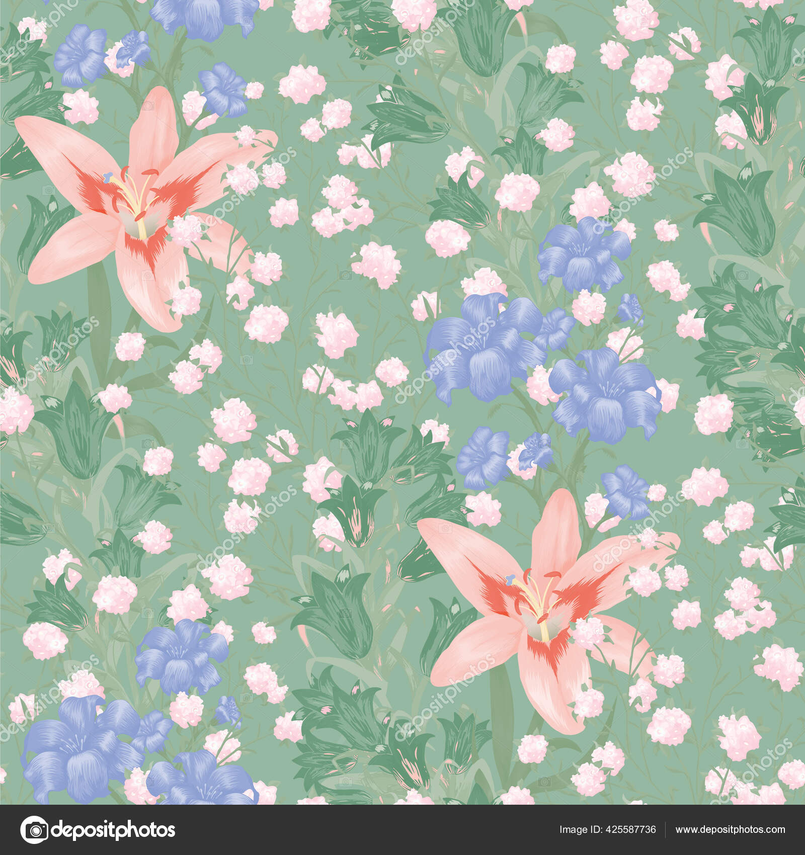 Floral Wallpaper Big Flowers Seamless Pattern Lily Bluebell May Lily Stock  Vector Image by ©ViKoshkina #425587736