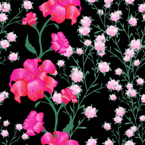 Floral Wallpaper Μεγάλα Λουλούδια Μοτίβο Χωρίς Ραφές Fuchsia Bluebell Και — Διανυσματικό Αρχείο