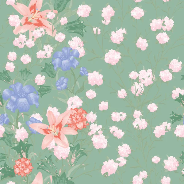 Floral Wallpaper Mit Großen Blumen Nahtloses Muster Mit Lilie Bluebell lizenzfreie Stockillustrationen