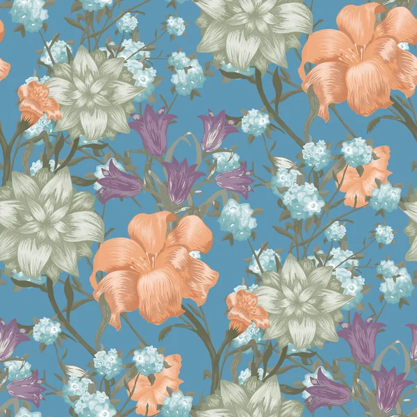 大きな花と花の壁紙 カーテンの壁紙のブラウスのためのFuchsia Bluebellと5月ユリとシームレスなパターン レトロなパターン カラフルな報告書 ベクトルシームレス花 — ストックベクタ