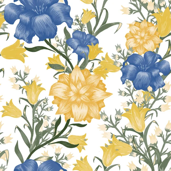 Floral Wallpaper Μεγάλα Λουλούδια Μοτίβο Χωρίς Ραφή Fuchsia Bluebell Και — Διανυσματικό Αρχείο