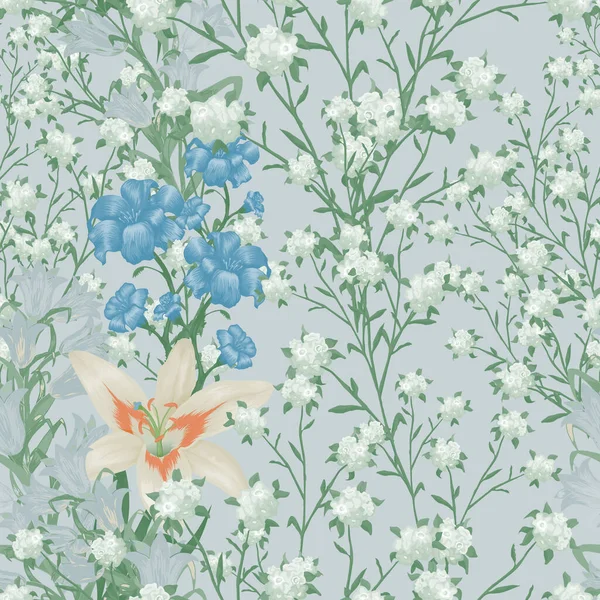 Floral Wallpaper Μεγάλα Λουλούδια Απρόσκοπτη Μοτίβο Κρίνο Bluebell Και Τον — Διανυσματικό Αρχείο