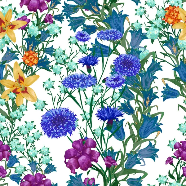 大きな花と花の壁紙 カーテンのためのデイジー花とシームレスなパターン水着布 カラフルな報告書 レトロなパターン ベクトルシームレス花 — ストックベクタ