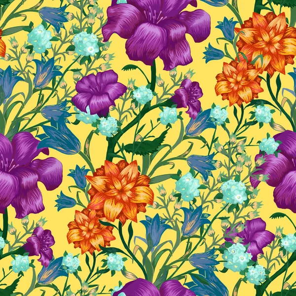 Květinová Tapeta Velkými Květinami Bezešvé Vzor Fuchsií Bluebell May Lily — Stockový vektor