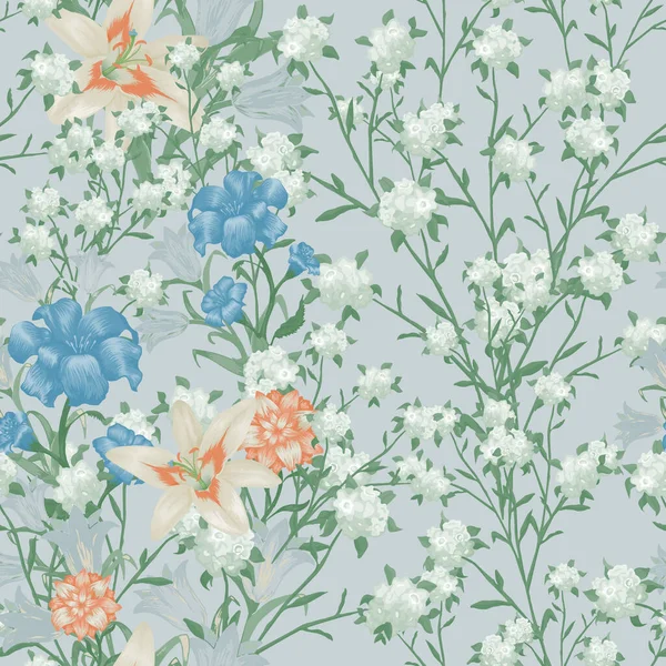 Floral Wallpaper Mit Großen Blumen Nahtloses Muster Mit Lilie Bluebell — Stockvektor