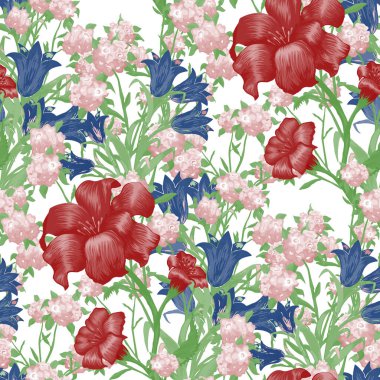 Büyük Çiçekli Çiçek Duvar Kağıdı. Fuchsia, Bluebell ve Baskı Eteği Elbisesi için Zambak deseni. Renkli uyum. Vektör Kusursuz Çiçekler. Modern Desen.