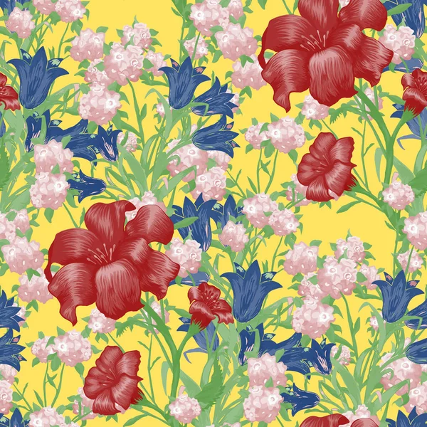 Bloemenbehang Met Grote Bloemen Naadloos Patroon Met Fuchsia Bluebell May — Stockvector