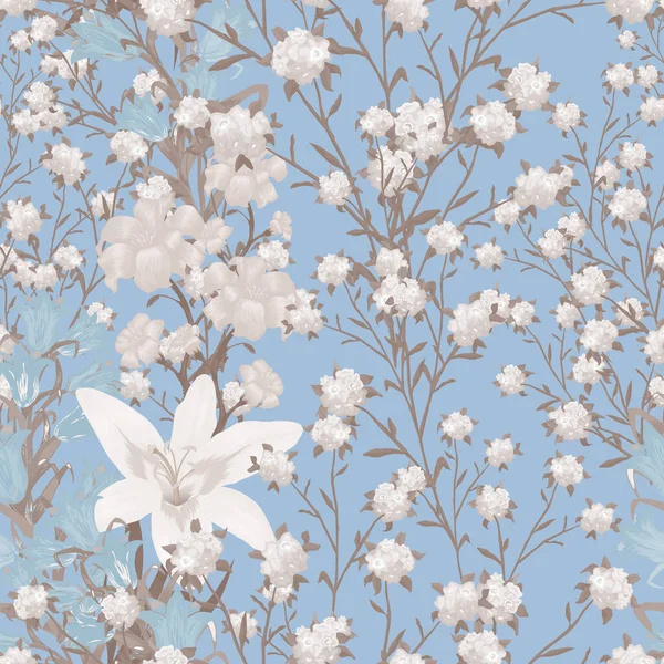 Floral Wallpaper Big Flowers Безшовні Візерунки Лілі Блюбел Мей Лілі — стоковий вектор