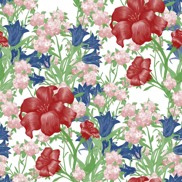 Floral Wallpaper Big Flowers Seamless Pattern Fuchsia Bluebell May Lily — Stock Vector