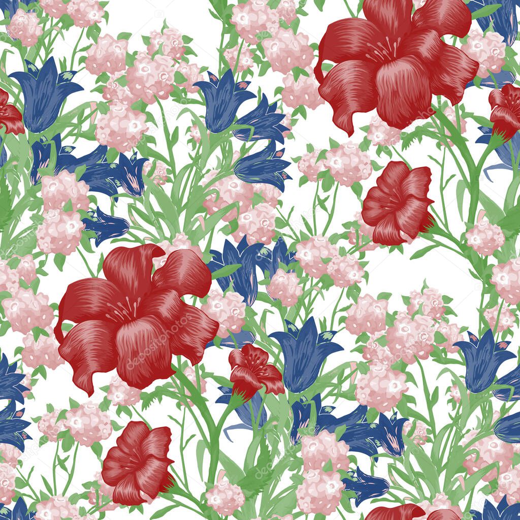 Floral Wallpaper with Big Flowers. Seamless Pattern with Fuchsia, Bluebell and May-lily for Print Skirt Dress. Colorful Rapport. Vector Seamless Flowers. Modern Pattern.