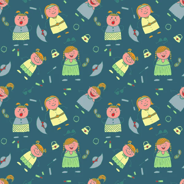 Modern çocuksu giysi, keten, çocuk bezi. Moda elementleriyle Parlak Kusursuz Arkaplan. Elleri Çizilmiş Kızlarla Kusursuz Desen. Moda tarzında saf bir doku. Vektör Kız Deseni.