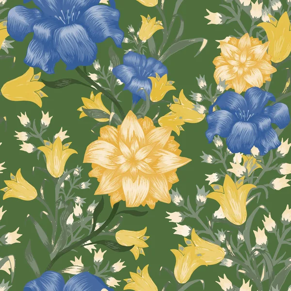 大きな花と花の壁紙 布のドレススカートのためのフクシア ブルーベルと5月ユリとシームレスなパターン ベクトルのシームレスな花 トレンディーなパターン カラフルなレポート — ストックベクタ