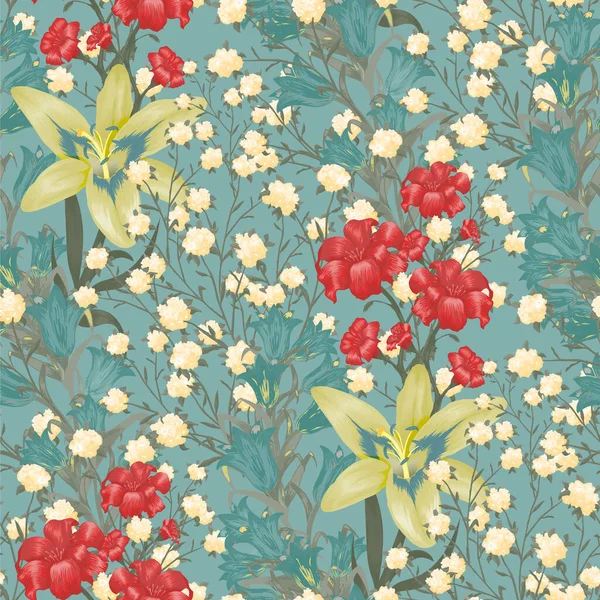 大きな花と花の壁紙 リリー ブルーベル 5月ユリのカーテンリネンブラウスのためのシームレスなパターン レトロなパターン カラフルな報告書 ベクトルシームレス花 — ストックベクタ