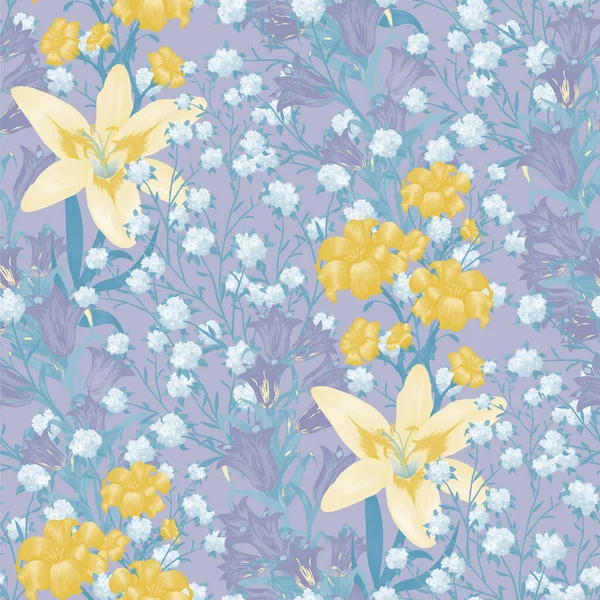 大きな花と花の壁紙 ブルーシャツ水着のためのリリー ブルーベル 5月ユリとシームレスなパターン カラフルな報告書 ベクトルのシームレスな花 レトロ柄 — ストックベクタ