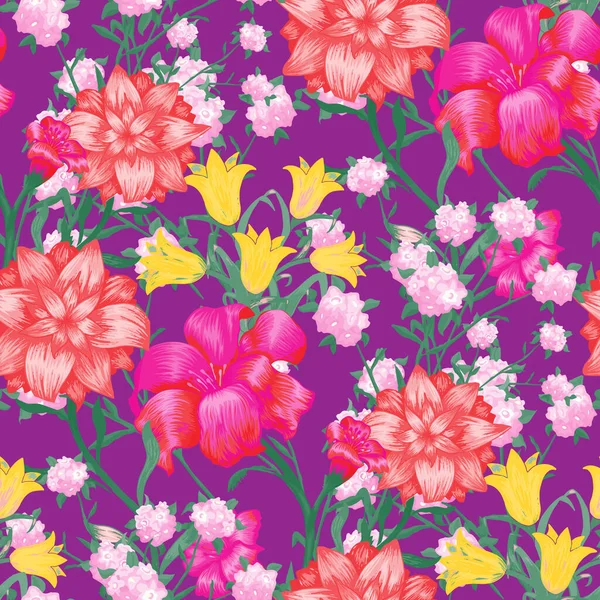 Floral Wallpaper Mit Großen Blumen Nahtlose Muster Mit Fuchsia Bluebell lizenzfreie Stockvektoren