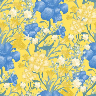 Büyük Çiçekli Çiçek Duvar Kağıdı. Fuchsia, Bluebell ve Tekstil Parmak izi Bluzu için nilüfer desenli kusursuz desen. Vektör Kusursuz Çiçekler. Klasik Şablon. Renkli Uyum.