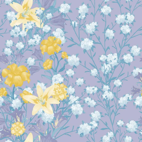 Floral Wallpaper Μεγάλα Λουλούδια Μοτίβο Χωρίς Ραφές Lily Bluebell Και — Διανυσματικό Αρχείο