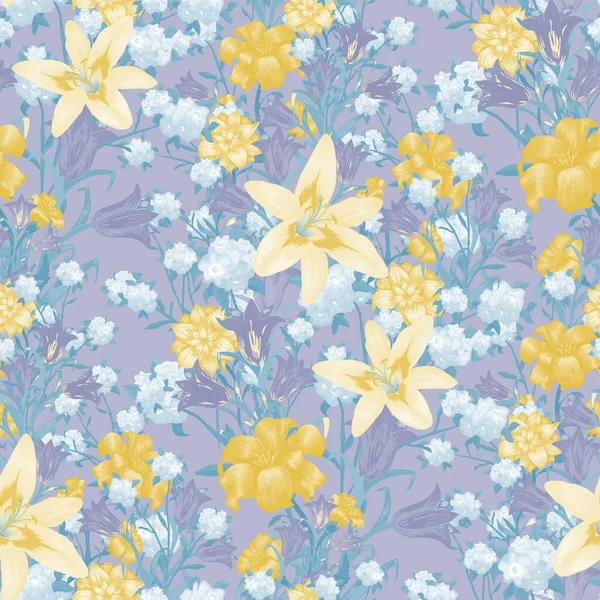 Floral Wallpaper Mit Großen Blumen Nahtlose Muster Mit Lilie Bluebell lizenzfreie Stockvektoren
