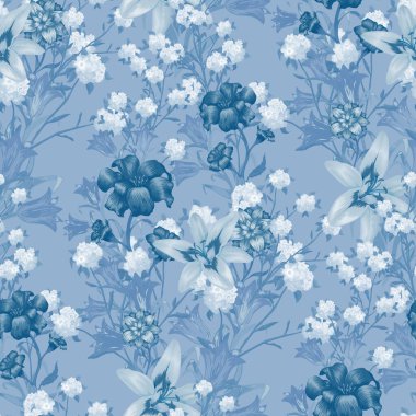 Büyük Çiçekli Çiçek Duvar Kağıdı. Lily, Bluebell ve Keten Masa örtüsü için zambak desenli kusursuz desen. Moda deseni. Renkli uyum. Vektör Kusursuz Çiçekler.