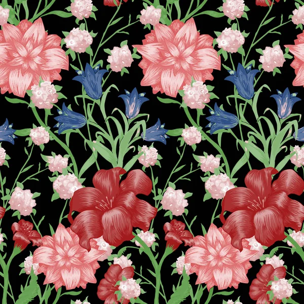 Květinová Tapeta Velkými Květinami Bezešvé Vzor Fuchsií Bluebell May Lily — Stockový vektor