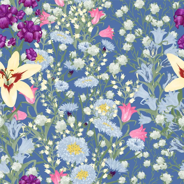 大きな花と花の壁紙 スカートシャツブラウスのためのデイジー花とシームレスなパターン 現代のパターン ベクトルのシームレスな花 カラフルなレポート — ストックベクタ