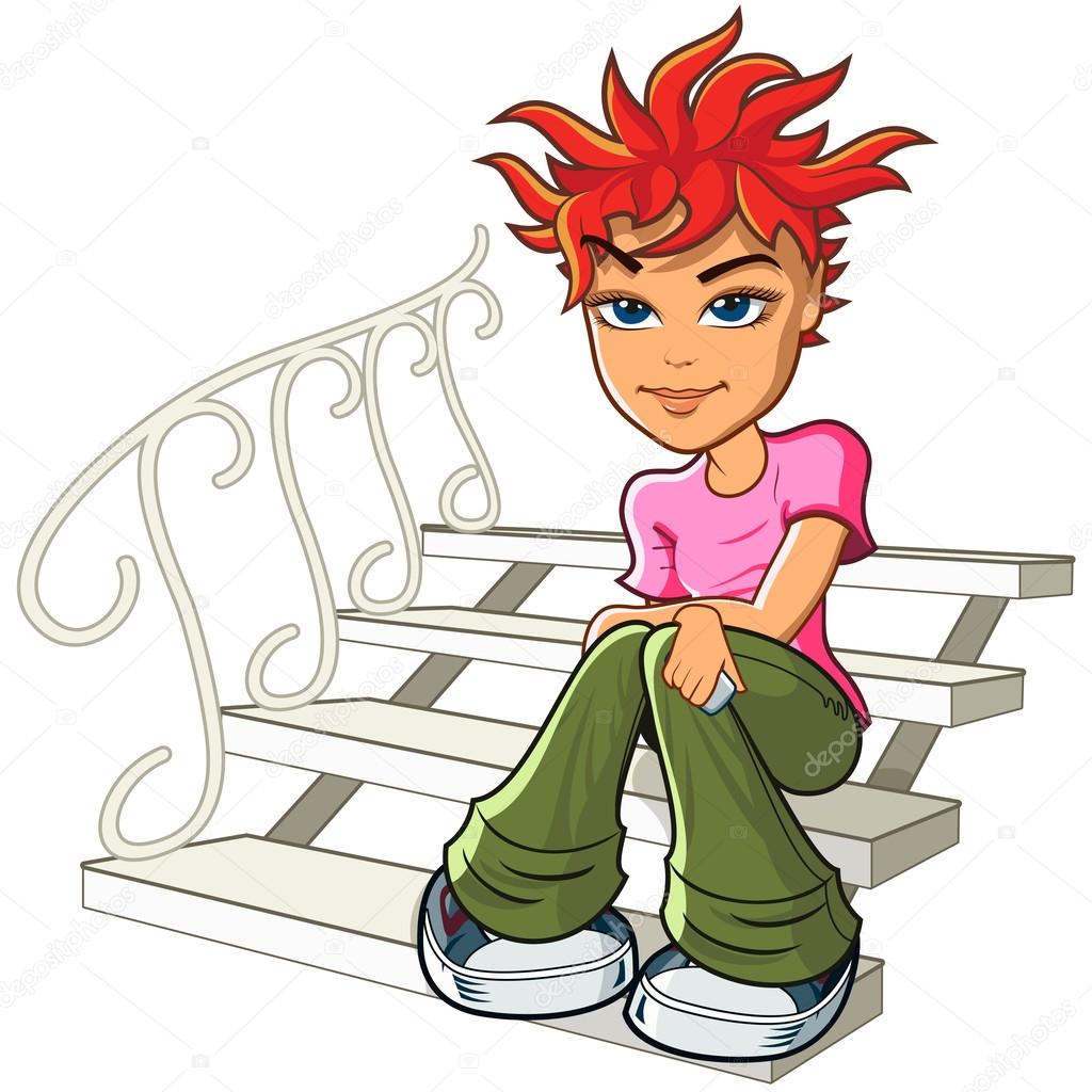 Redhead young woman sitting on the stairs.