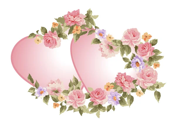 Par de corazones en un marco de flores . — Vector de stock